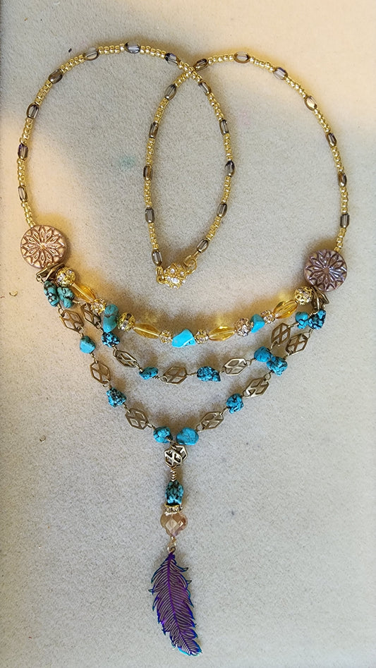 Boho Feather and Turquoise Necklace